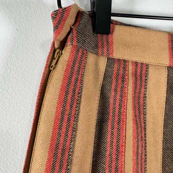 Vintage Norm Thompson Pleated Tan Red Black 100% Wool Striped Flared Skirt 10 - Picture 4 of 7